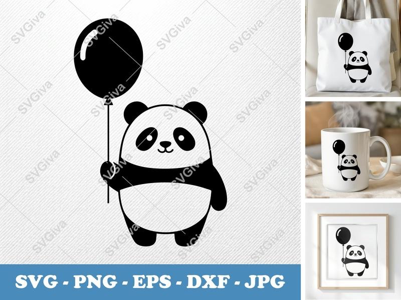 Panda with Balloon SVG | Cute Animal PNG EPS DXF | Modern Cut File for Cricut, Silhouette | Kids Design