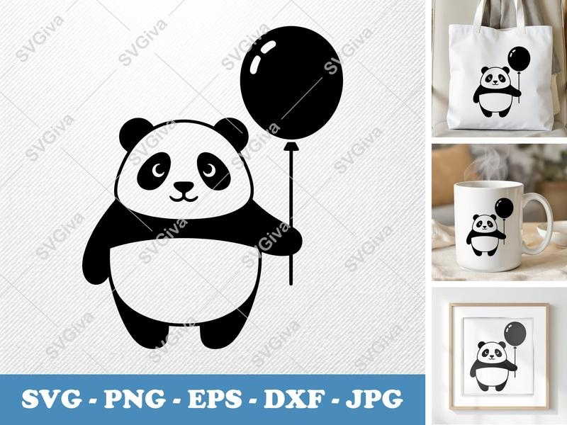 Panda with Balloon SVG | Puffy Inflated Shapes | PNG DXF EPS | Cricut Silhouette Cut File