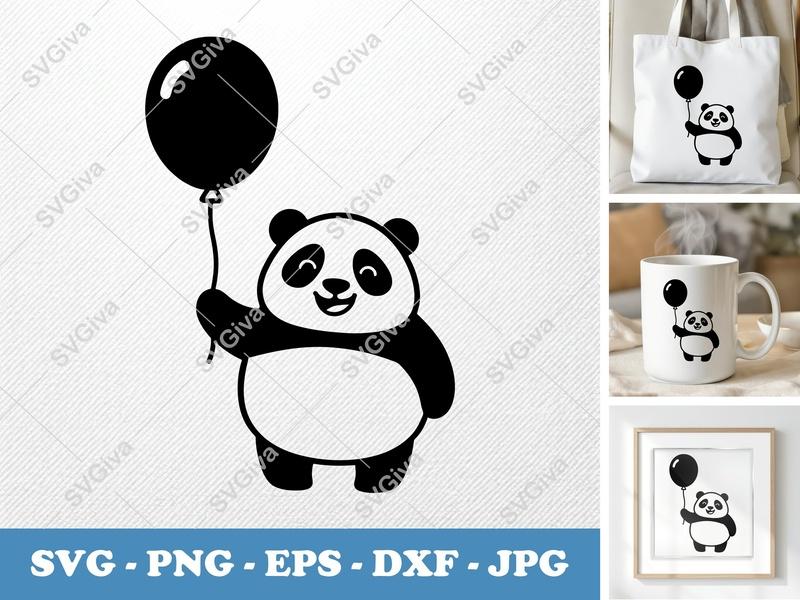 Panda with Balloon SVG | Rounded Friendly Bean-shaped Cut File | PNG DXF EPS | Cricut Silhouette Vector