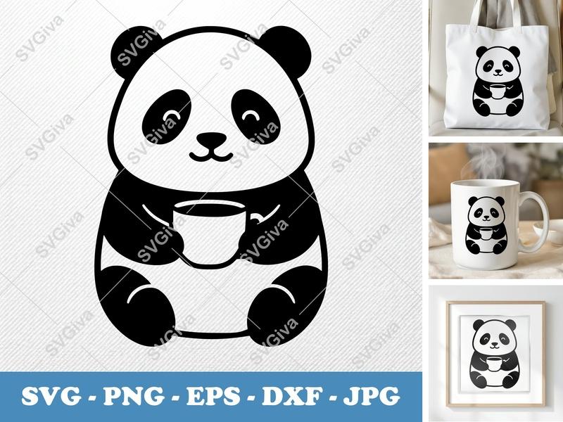 Panda with Coffee Cup SVG | Rounded, Friendly Bean-Shaped Design | PNG DXF EPS | Cricut Silhouette