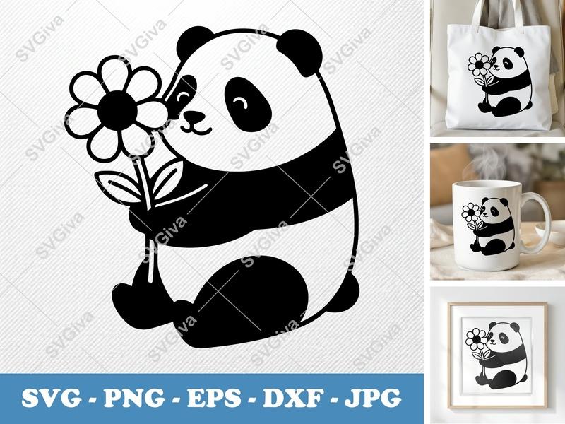 Panda with Flower SVG | Cute Bear Clipart PNG EPS DXF | Modern Animal Cut File for Cricut & Silhouette | Digital Download