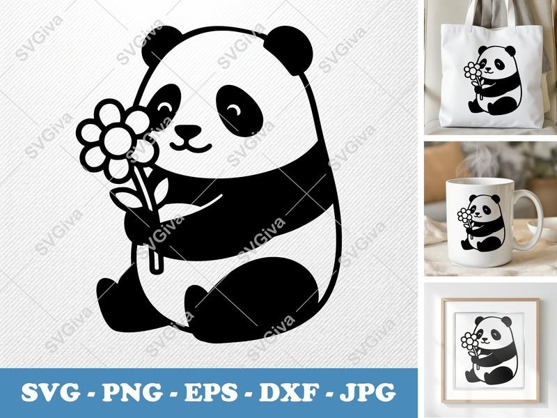 Panda with Flower SVG | Friendly Rounded Body Bean-Shaped Cut File | PNG DXF EPS for Cricut Silhouette