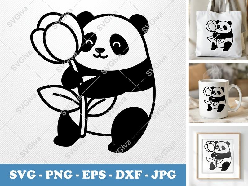 Panda with Flower SVG | Puffy Soft Shapes | Inflated Pillow-Soft Design | PNG DXF EPS | Cricut Silhouette File
