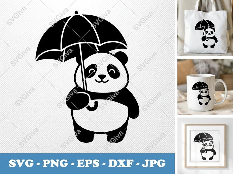 Panda with Umbrella SVG | Cute Animal Cut File, Modern Design | PNG EPS DXF for Cricut, Silhouette, Shirt Decal