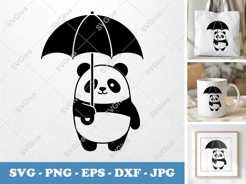 Panda with Umbrella SVG | Cute Modern Panda Cut File | PNG EPS DXF for Cricut, Silhouette | Animal Clipart | Baby Shower Gift
