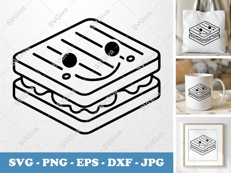 Panini SVG, Cute Grilled Sandwich PNG, Smiling Food DXF, Happy Lunch EPS for Cricut & Silhouette, Modern Snack Cut File