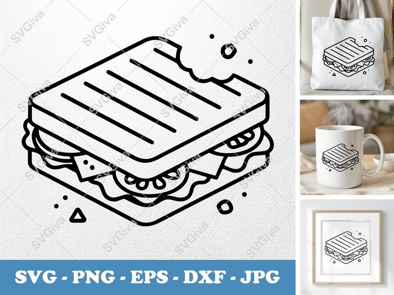 Panini SVG | Modern Toasted Sandwich Cut File, Bitten Food Clipart | PNG EPS DXF for Cricut, Silhouette, Kitchen Decor