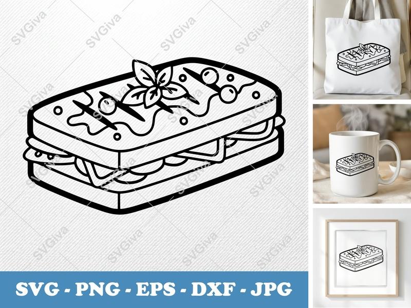 Panini with garnish SVG | Double-Outline Geometric Sandwich | Thick Contour, Thin Lines | Clean Space | Low Detail Shapes | PNG DXF EPS |...