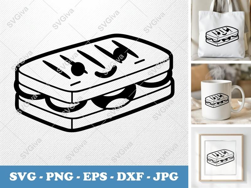 Panini with Smiling Face SVG, Double Outline Look | Thick Contour, Minimalist Design | PNG, DXF, EPS for Cricut & Silhouette