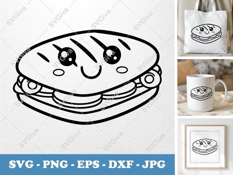 Panini with Smiling Face SVG | Kawaii Rounded Bean-Shaped Cut File | PNG DXF EPS for Cricut Silhouette