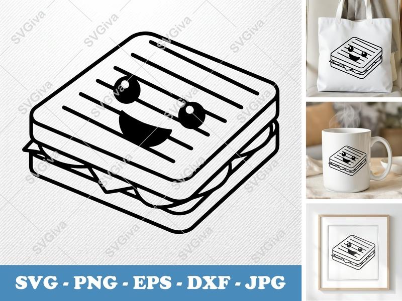 Panini with Smiling Face SVG | Minimalist Food Character | PNG DXF EPS | Cricut Silhouette Cut File
