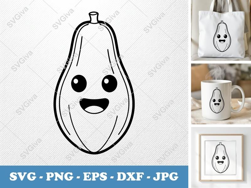 Papaya Kawaii SVG | Cute Fruit Outline PNG, EPS, DXF | Cricut & Silhouette Cut File | Simple Happy Face Design