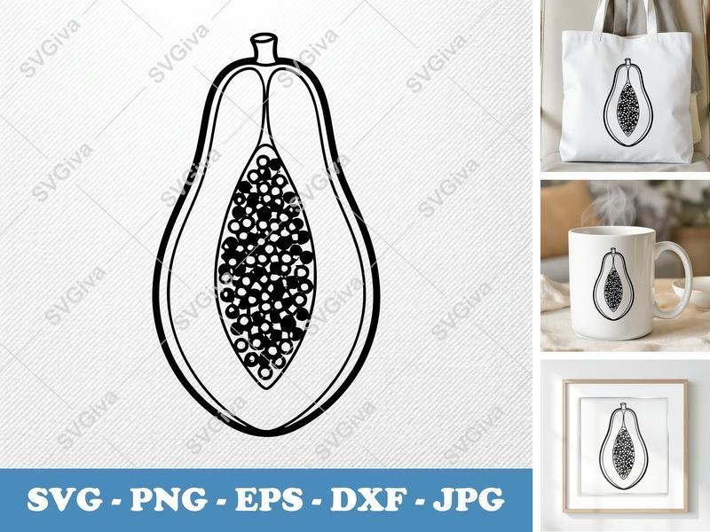 Papaya SVG Cut File | Modern Fruit Outline Design | PNG EPS DXF for Cricut & Silhouette | Tropical Food Vector Art