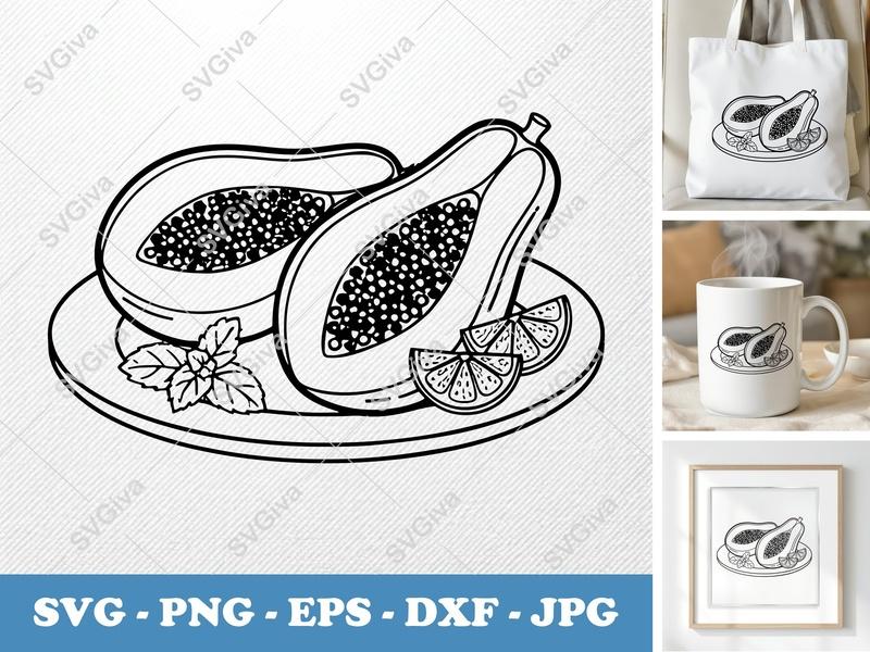 Papaya SVG Cut File | Modern Fruit Outline | PNG EPS DXF | Cricut Silhouette Design | Tropical Food Clip Art