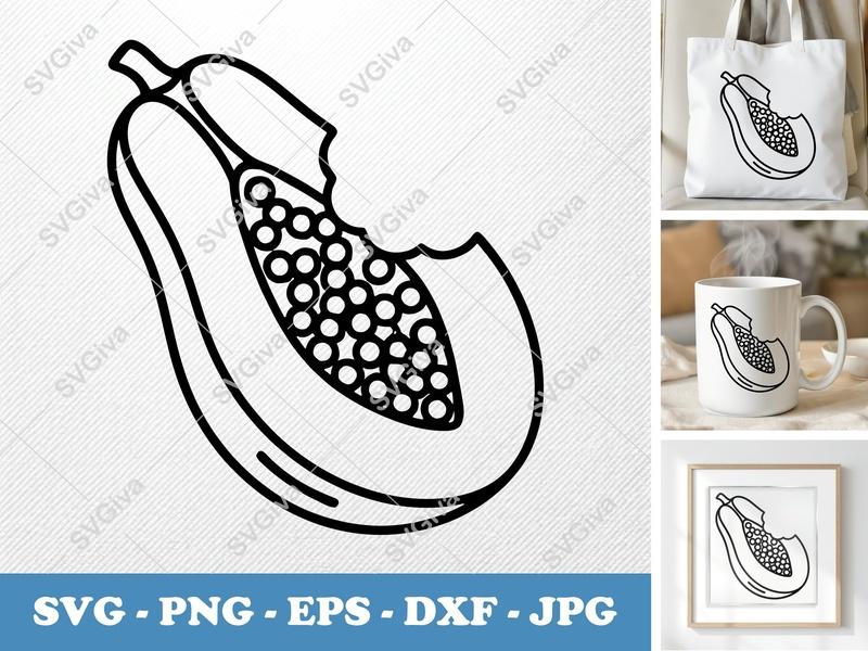 Papaya SVG | Half Eaten Fruit Cut File | Modern Food Clipart | PNG EPS DXF for Cricut & Silhouette