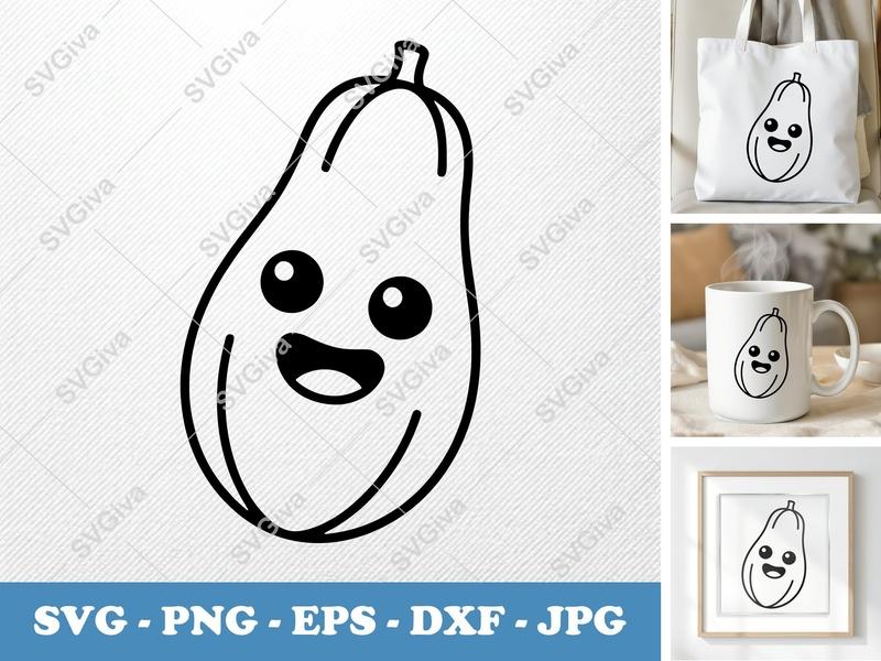 Papaya SVG Kawaii Fruit | Cute Cartoon | Outline PNG EPS DXF | Cricut Silhouette Cut File