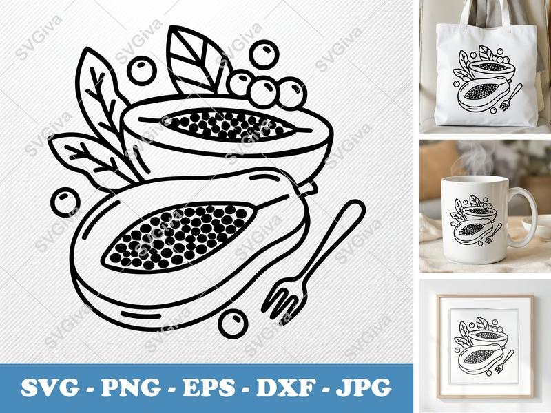 Papaya with garnish SVG | Friendly Rounded Body Bean-Shaped Forms | PNG DXF EPS | Cricut Silhouette Cut File