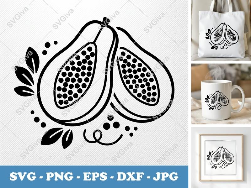 Papaya with Garnish SVG | Puffy Soft Shapes | Inflated Pillow-Soft Forms PNG DXF EPS | Cricut Silhouette Cut File
