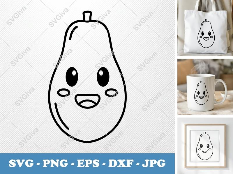 Papaya with Smiling Face SVG | Rounded Friendly Bean-Shaped Cut File | PNG DXF EPS for Cricut Silhouette