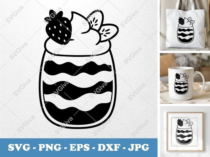 Parfait SVG, Modern Dessert with Strawberry & Kiwi, Food Cut File, PNG EPS DXF for Cricut & Silhouette, Sweet Treat Vector Clipart