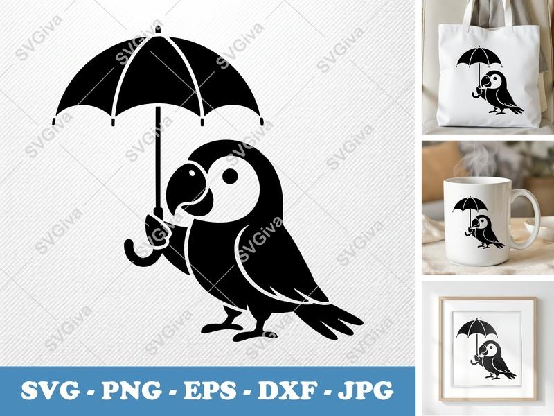 Parrot Holding Umbrella SVG | Puffy Soft Forms | PNG DXF EPS | Cricut Silhouette File