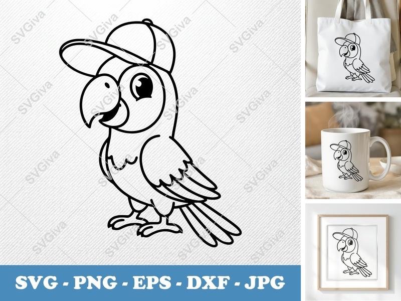 Parrot in a Cap SVG | Friendly Rounded Body Bean-Shaped Cut File | PNG DXF EPS for Cricut Silhouette