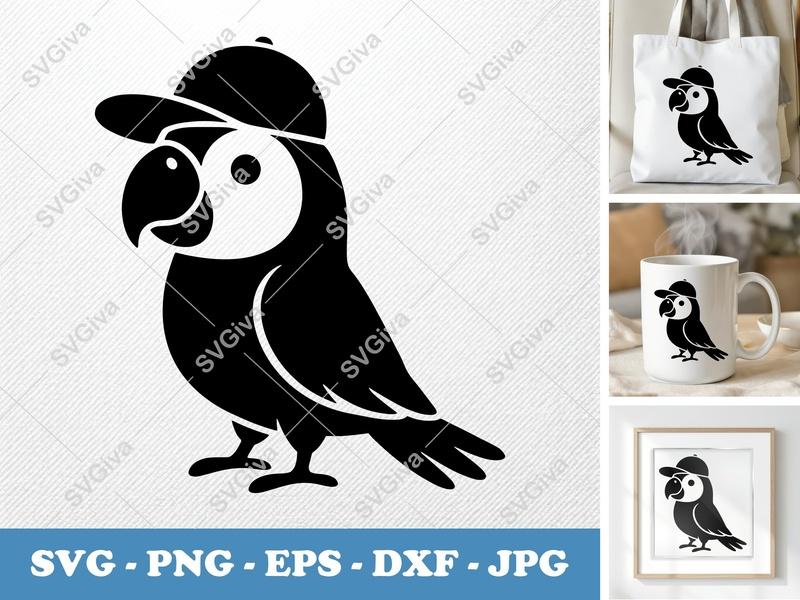 Parrot in a Cap SVG | Puffy Animated Style | Inflated Pillow-Soft Forms | PNG DXF EPS | Cricut Silhouette File