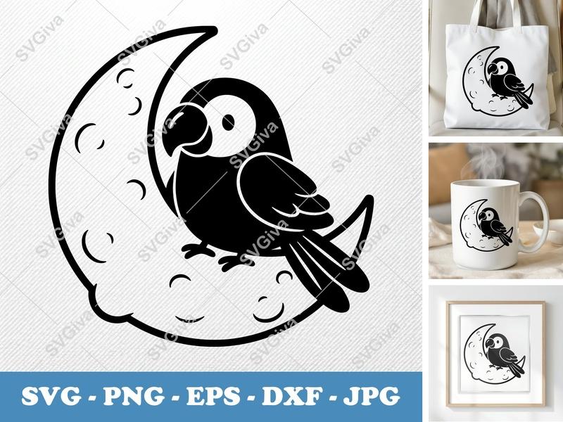 Parrot on Moon SVG | Puffy Soft Forms | Kawaii Inflated Design | PNG DXF EPS | Cricut Silhouette File