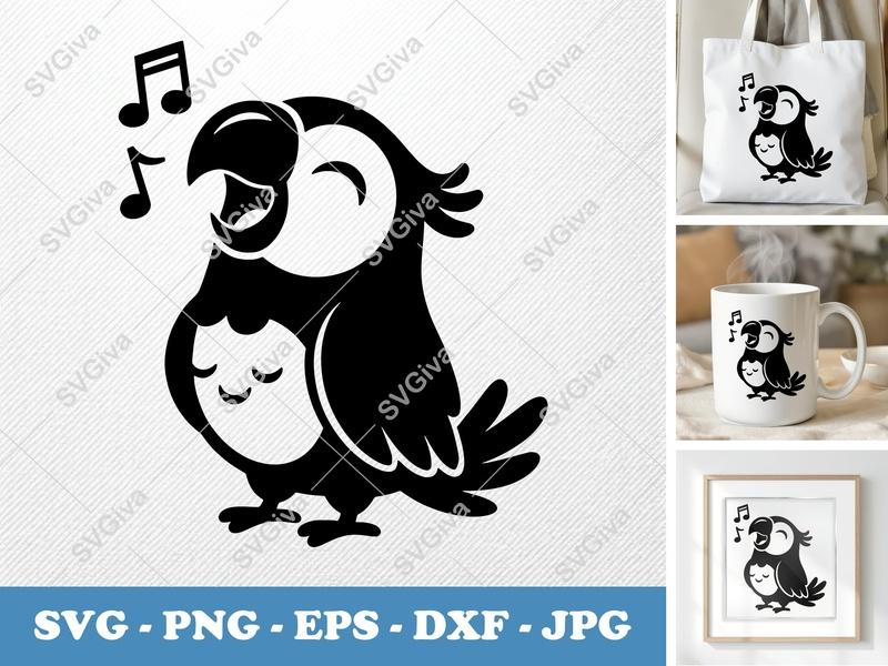 Parrot Singing SVG | Cute Bird Music Notes PNG EPS DXF | Cricut Silhouette Cut File | Modern Tropical Animal Clipart
