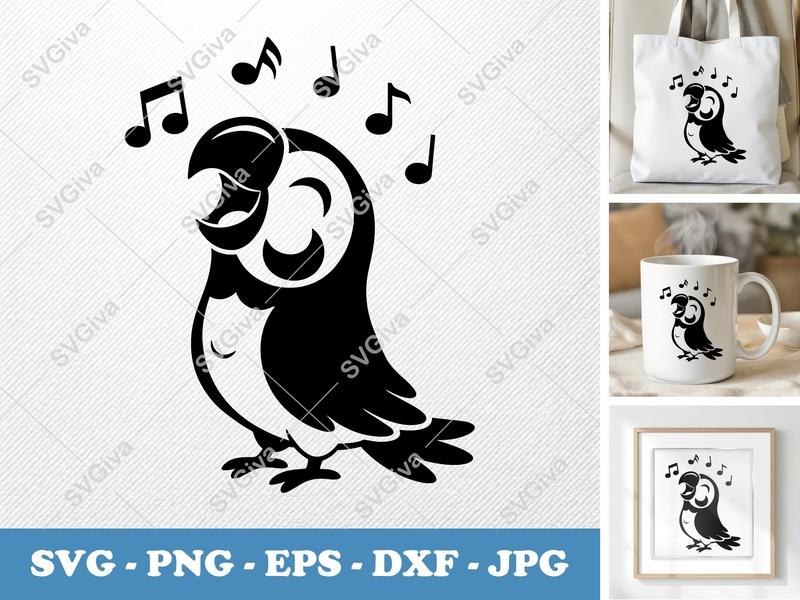 Parrot Singing SVG | Music Notes PNG EPS DXF | Cricut Silhouette Cut File | Bird Clipart Decal Design