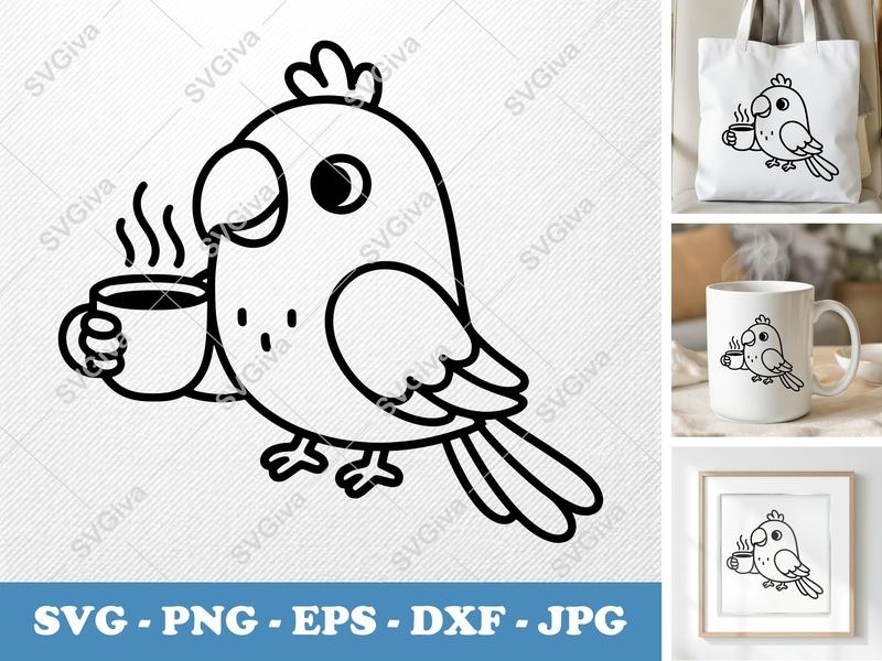 Parrot SVG, Coffee Mug Bird Cut File, Cute Cockatiel Clipart, PNG, EPS, DXF for Cricut & Silhouette