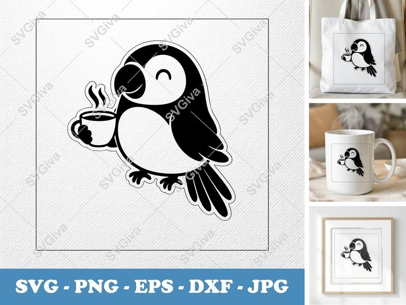 Parrot SVG, Coffee Parrot Cut File, Cute Bird with Coffee Mug | PNG EPS DXF for Cricut & Silhouette