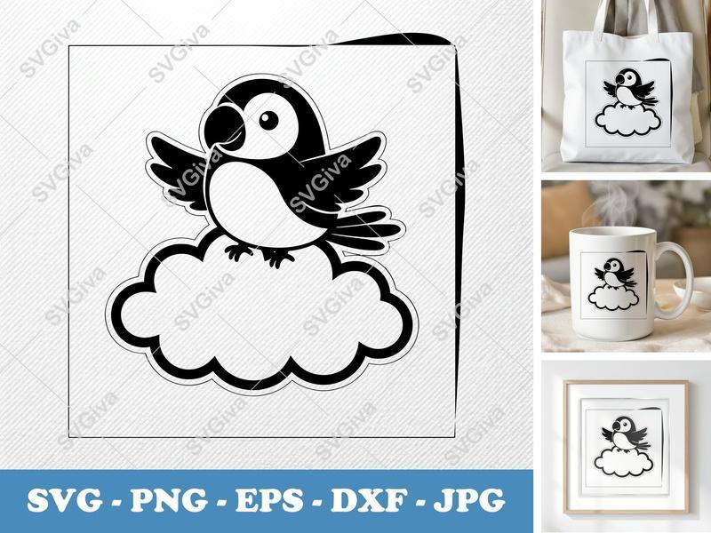 Parrot SVG, Cute Bird on Cloud Design, Animal Cut File, PNG EPS DXF for Cricut, Silhouette, Kids Craft, Digital Download