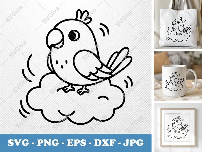 Parrot SVG, Cute Bird on Cloud, Outline Art, PNG EPS DXF for Cricut | Silhouette, Kids Craft Design