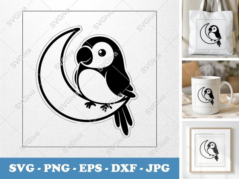 Parrot SVG, Cute Bird on Moon | Cartoon Animal Cut File | PNG EPS DXF for Cricut Silhouette