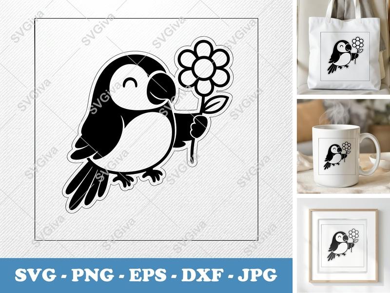 Parrot SVG, Cute Cartoon Bird with Flower, PNG EPS DXF for Cricut, Silhouette, Vector Clipart, Kids Craft
