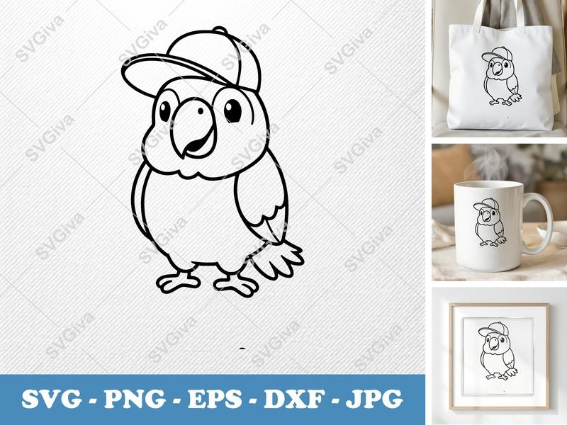 Parrot SVG, Cute Cartoon Parrot with Hat, Digital Download for Cricut, Silhouette | PNG EPS DXF Vector File