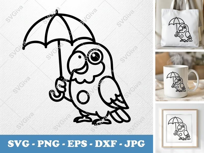 Parrot SVG, Cute Parrot Umbrella Cut File, Kawaii Bird Clipart | PNG EPS DXF for Cricut, Silhouette, Digital Download