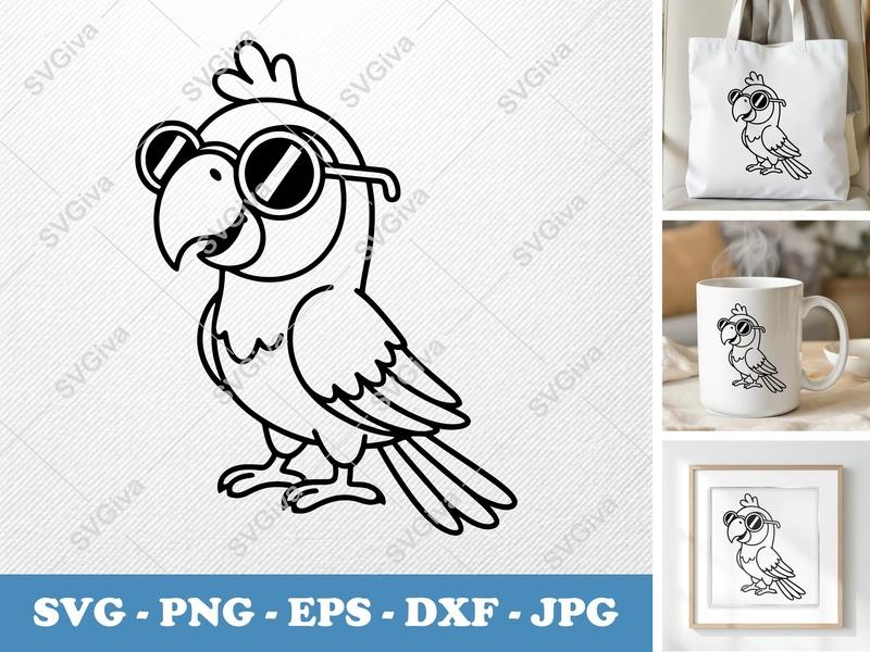 Parrot SVG, Friendly Rounded Body Bird with Sunglasses, Bean-Shaped Forms | PNG DXF EPS | Cricut Silhouette Cut File