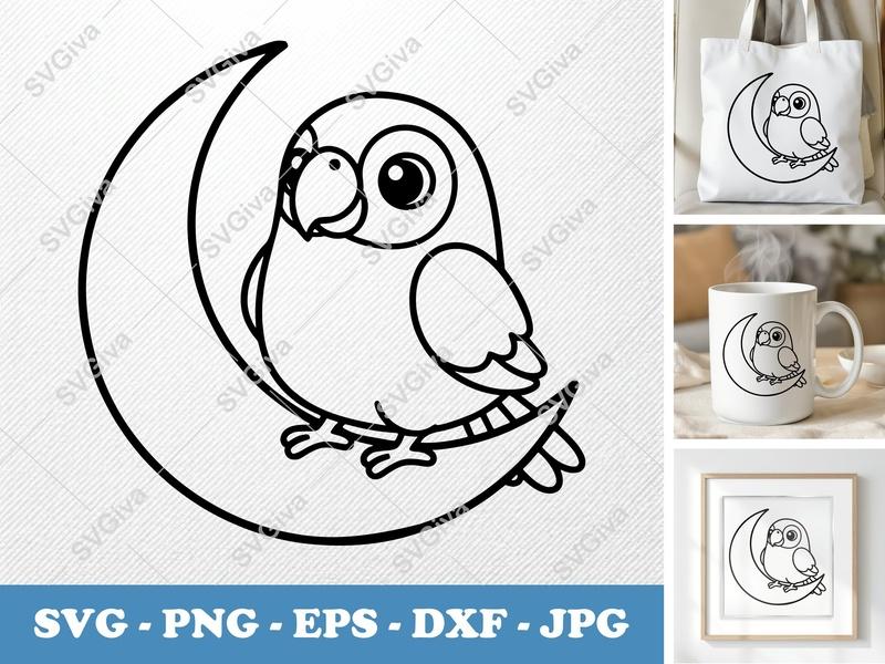 Parrot SVG, Friendly Rounded Body, Sitting on Moon, Bean-Shaped Forms | PNG DXF EPS | Cricut Silhouette Cut File