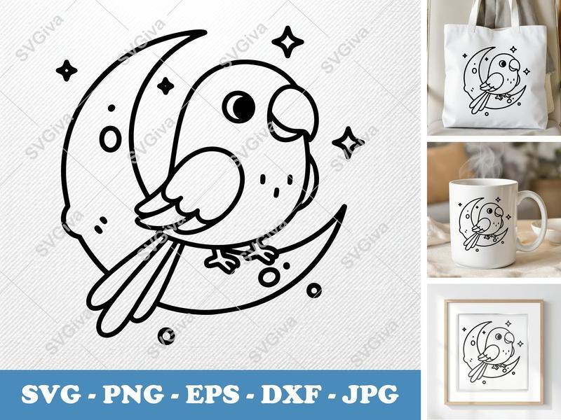 Parrot SVG on Moon | Cute Bird Outline, Stars, Modern Clean Design | PNG EPS DXF for Cricut, Silhouette