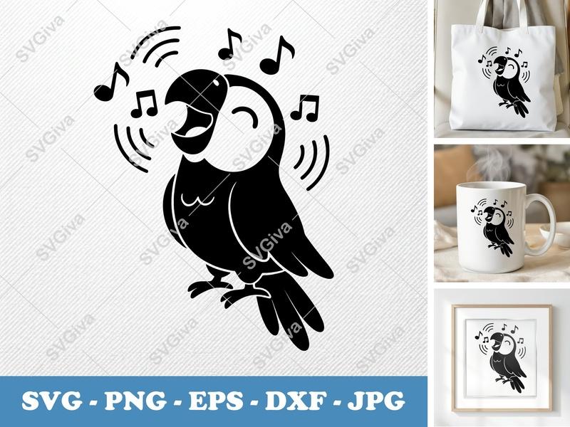 Parrot SVG, Singing Bird Cut File | Music Notes PNG EPS DXF | Cricut Silhouette Tropical Animal Design
