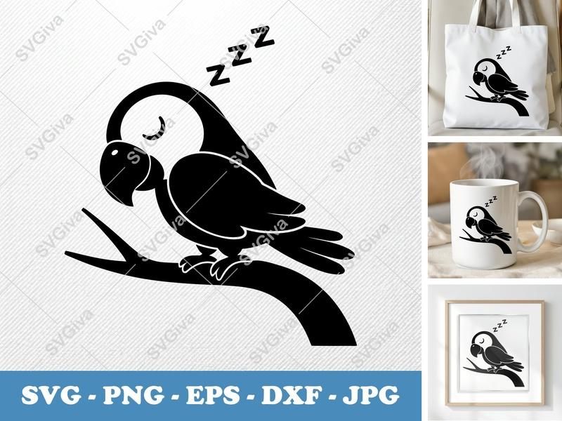Parrot SVG Sleeping Bird on Branch | Zzz Cute Animal Clipart | PNG EPS DXF for Cricut, Silhouette