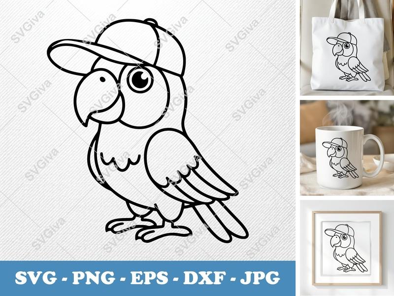 Parrot SVG with Cap | Bird Clipart Cut File | Modern Animal Design for Cricut, Silhouette | PNG EPS DXF Vector