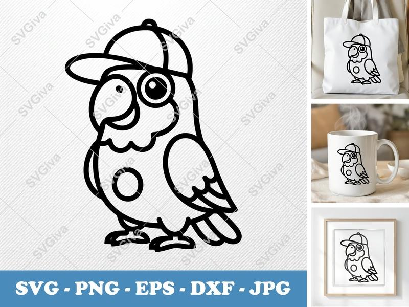 Parrot SVG with Hat | Cartoon Bird Cut File | Modern Clean Design | PNG EPS DXF for Cricut Silhouette