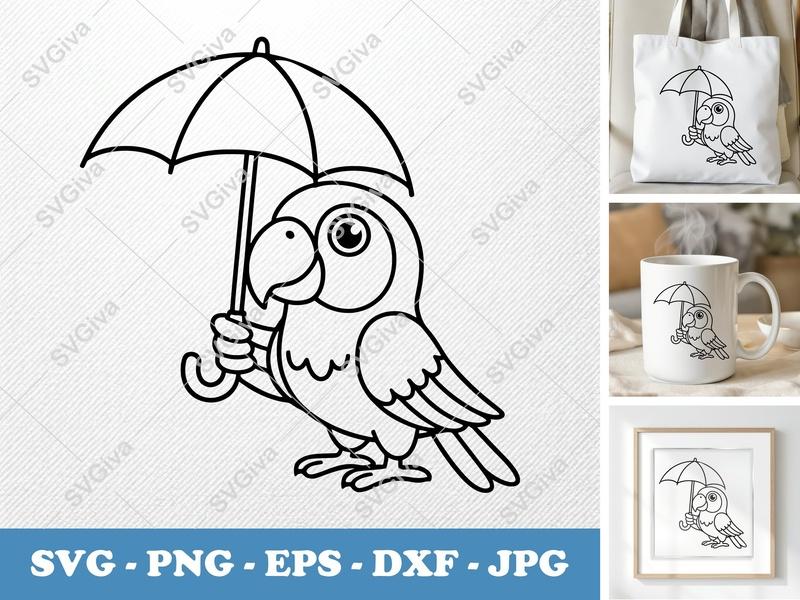 Parrot SVG with Umbrella | Cute Bird Design, Outline Clipart | PNG EPS DXF | Cricut Silhouette Cut File