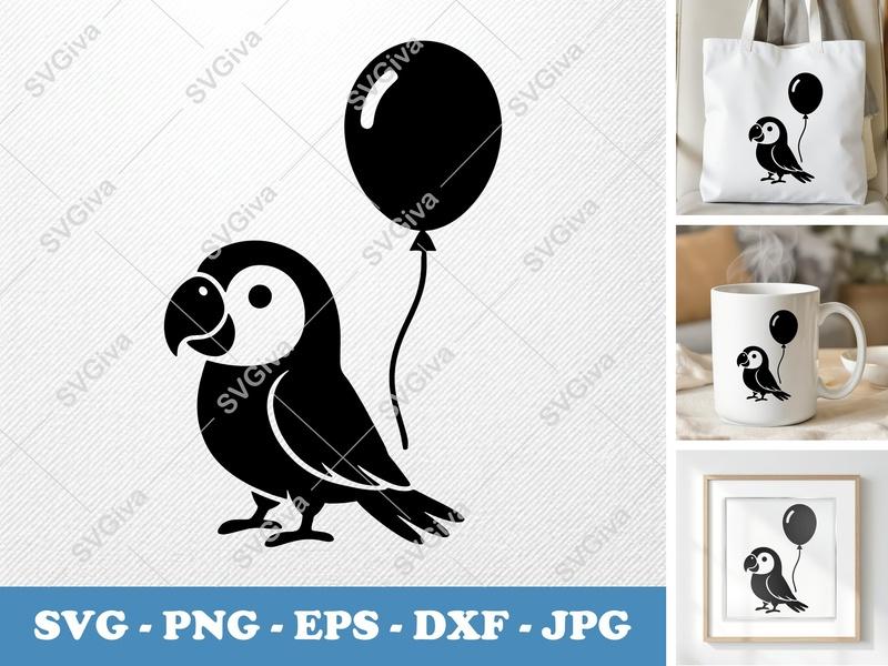 Parrot with Balloon SVG | Puffy, Inflated Shapes | PNG DXF EPS | Cricut Silhouette File