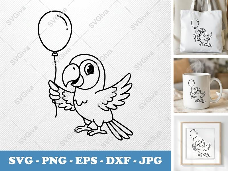 Parrot with Balloon SVG | Rounded Friendly Bean-Shaped Cut File | PNG DXF EPS | Cricut Silhouette Design