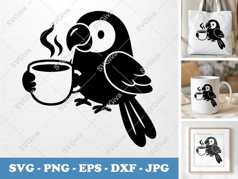 Parrot with Coffee Cup SVG | Puffy Soft Shapes | Inflated Pillow-Soft Design | PNG DXF EPS | Cricut Silhouette File