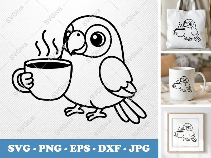 Parrot with Coffee Cup SVG | Rounded Bean-Shaped Design | Friendly Bird PNG DXF EPS | Cricut Silhouette Cut File